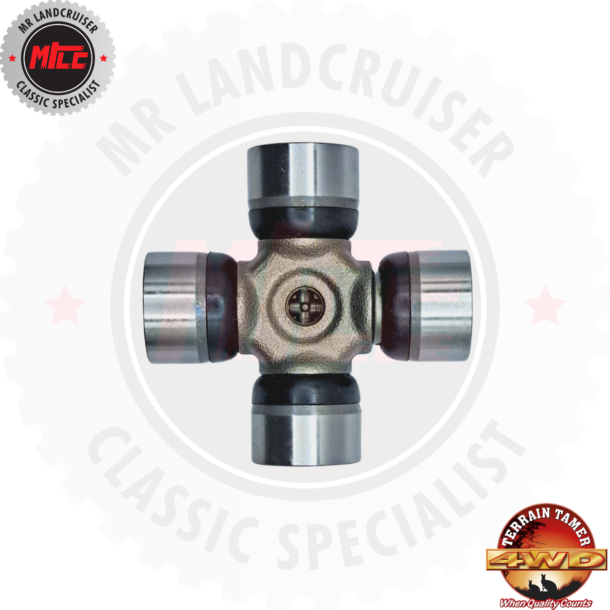 Front close up of Universal Joint Kit Front & Rear suitable for 40 & 45 series Toyota Landcruiser with packaging and seals