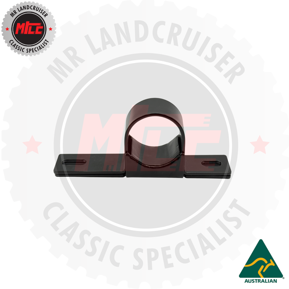 Black metal bracket with branding on a white background