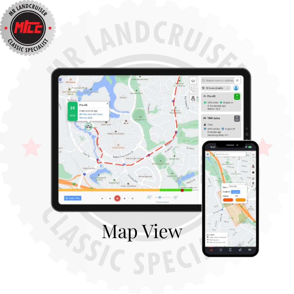 track my ride Map view on a tablet and smartphone with LandCruiser Classic Specialist logo.