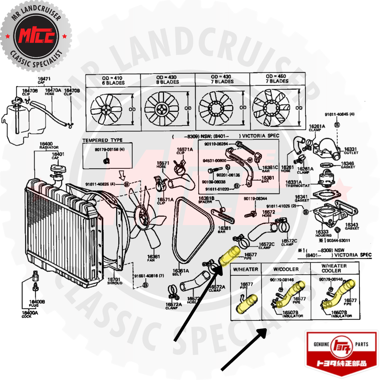 blow up view of Genuine Toyota Lower Radiator Hose Heater Pipe A/C suits 40 & 60 Series Toyota Landcruiser 08/1980 - 07/1987 16577-61120