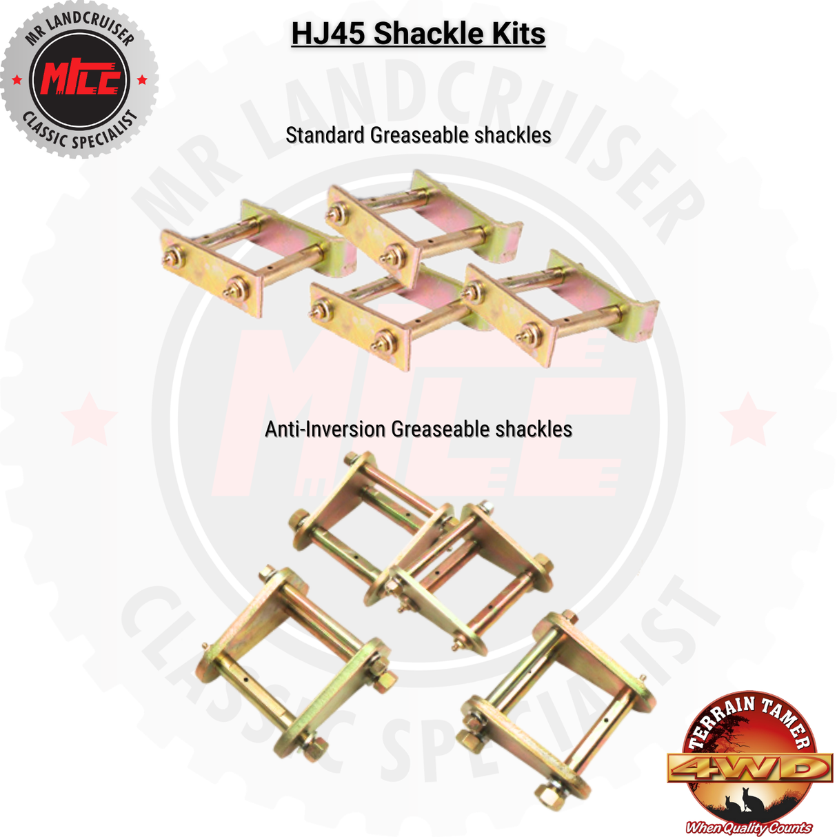 Standard and anti inversion greaseable HJ47 & HJ45 Shackle Kits 40 Series Toyota Landcruiser