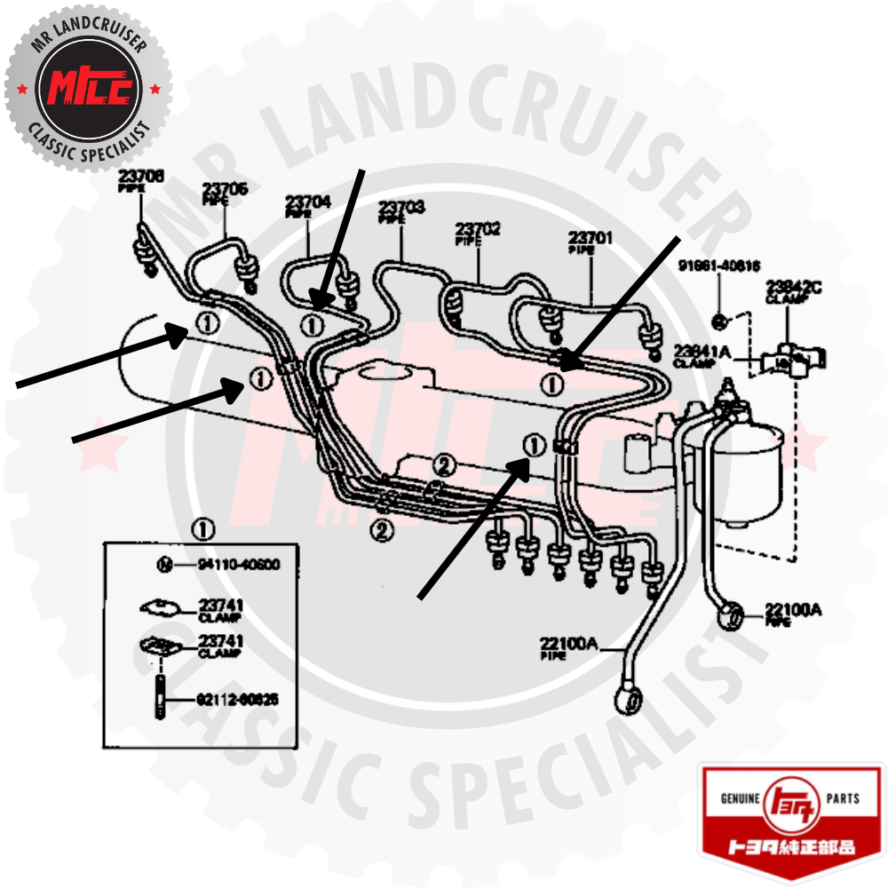diagram of Genuine Injection Pipe Clamp suits 40 60 & 70 Series Toyota Landcruiser