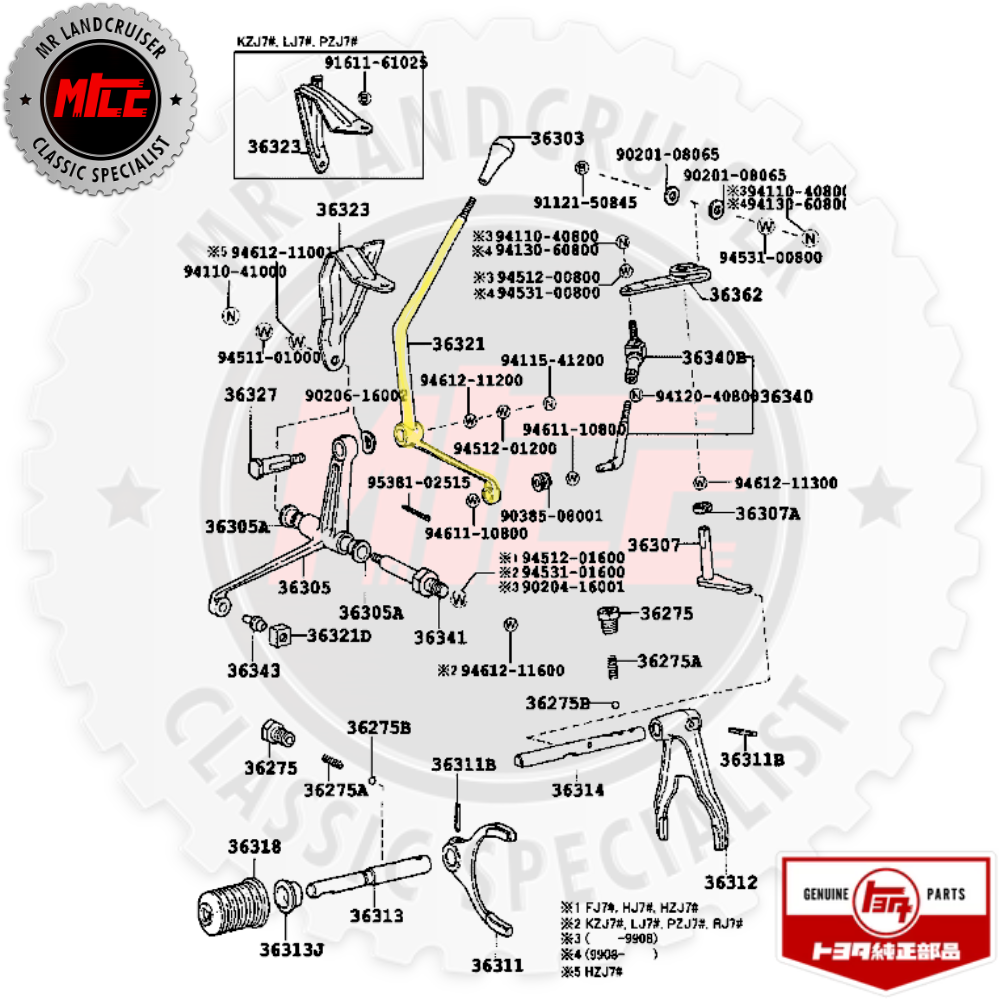 Technical diagram of vehicle suspension components with part numbers and branding.