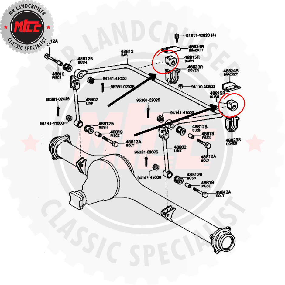 Technical diagram of mechanical components with labeled parts on a white background, featuring the LandCruiser logo.