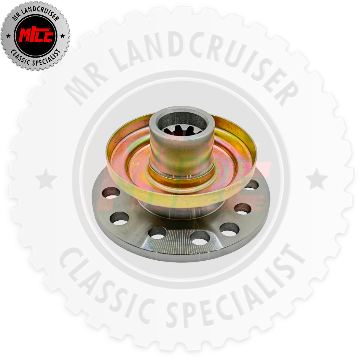 A metal automotive pulley and belt cover assembly shown on a white background with a large faint MR LANDCRUISER watermark and a small MR Land Cruiser specialist badge in the top-left corner.