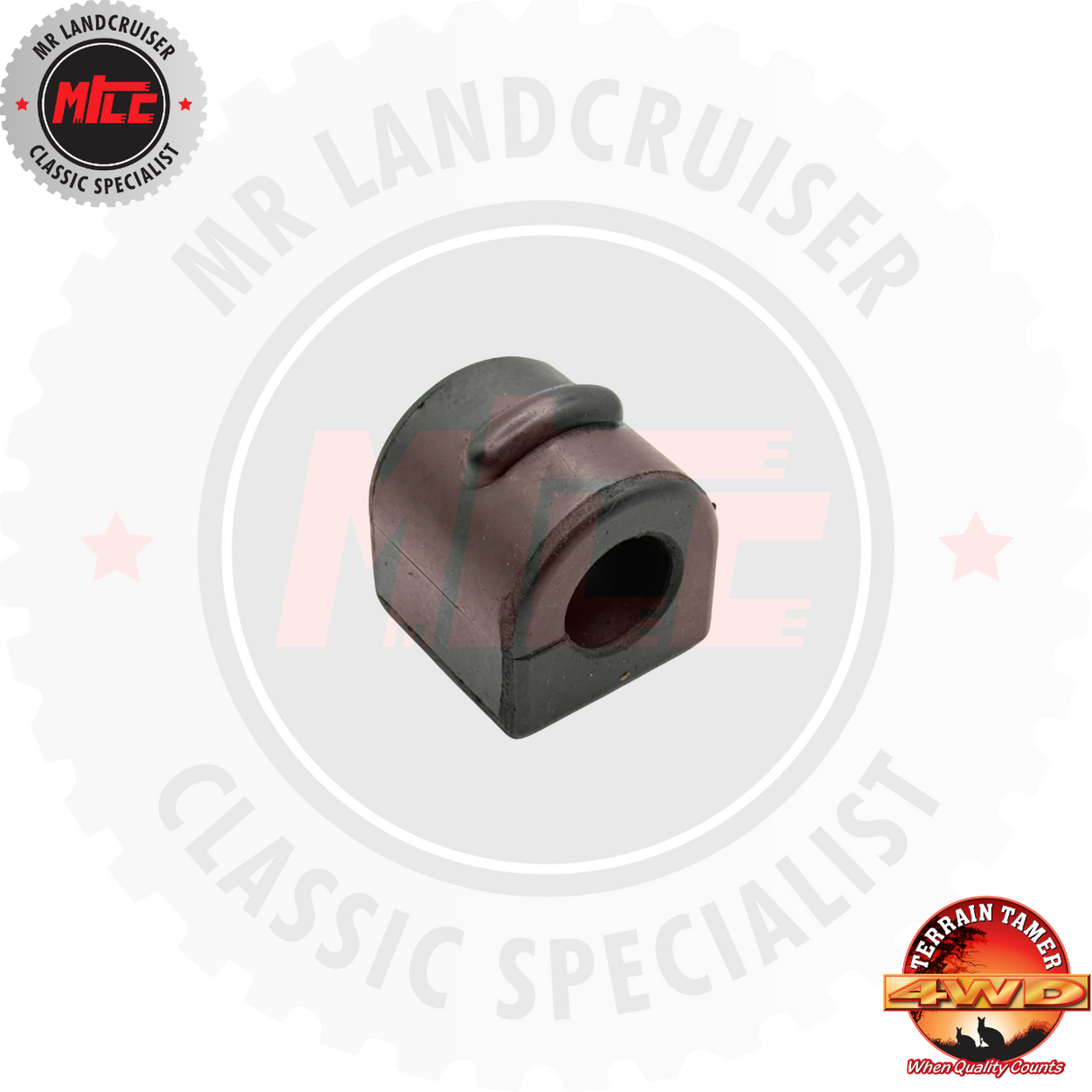 Black rubber bushing with branding on a white background