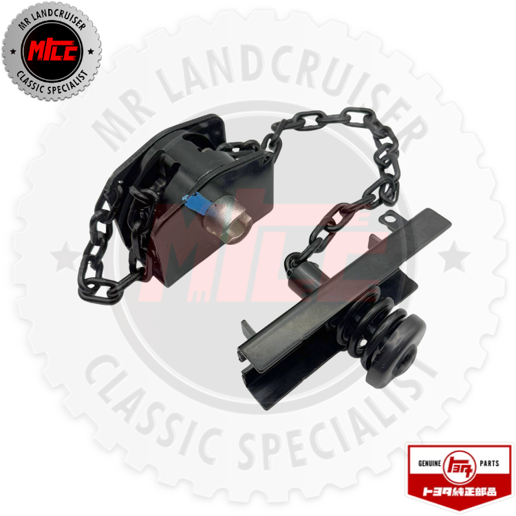 A black metal trailer hitch assembly with a chain link and spring, shown on a white background with MR Land Cruiser Classic Specialist branding and a genuine parts badge.