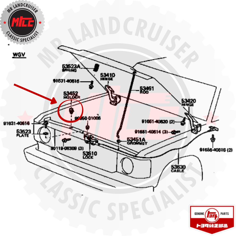 blow up view of Genuine Clip Bonnet Rod Holder to suit 60 & 80 series landcruiser