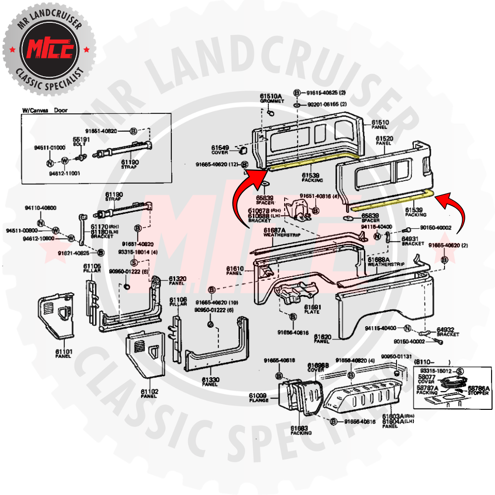 Technical diagram of Land Cruiser parts with labeled components and a visible brand logo.