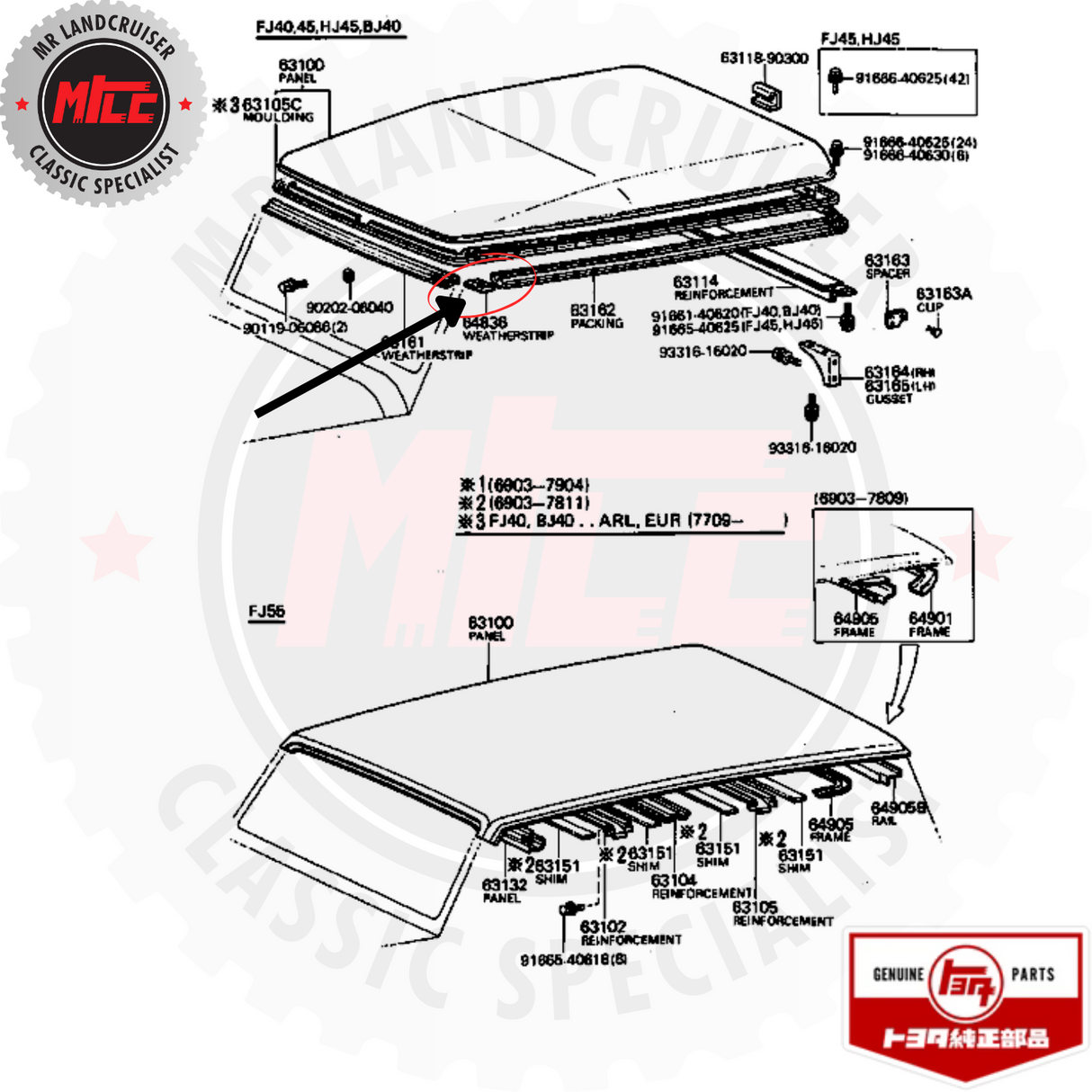 diagram of 40 Series Landcruiser Genuine Toyota Weatherstrip Roof Front