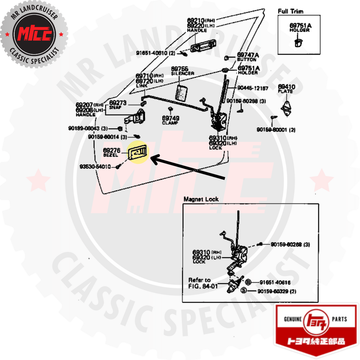 diagram of Genuine Toyota Bezel Front & Back Door Inside Handle