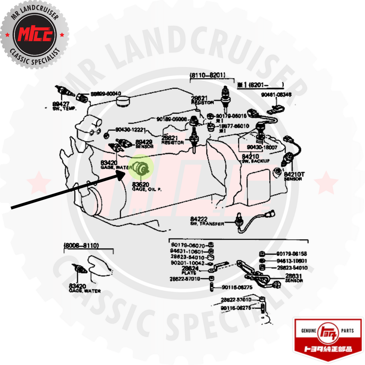 blow up view of Genuine Toyota Switch Engine Oil Pressure Gauge suits 40 & 60 Series Toyota Landcruiser