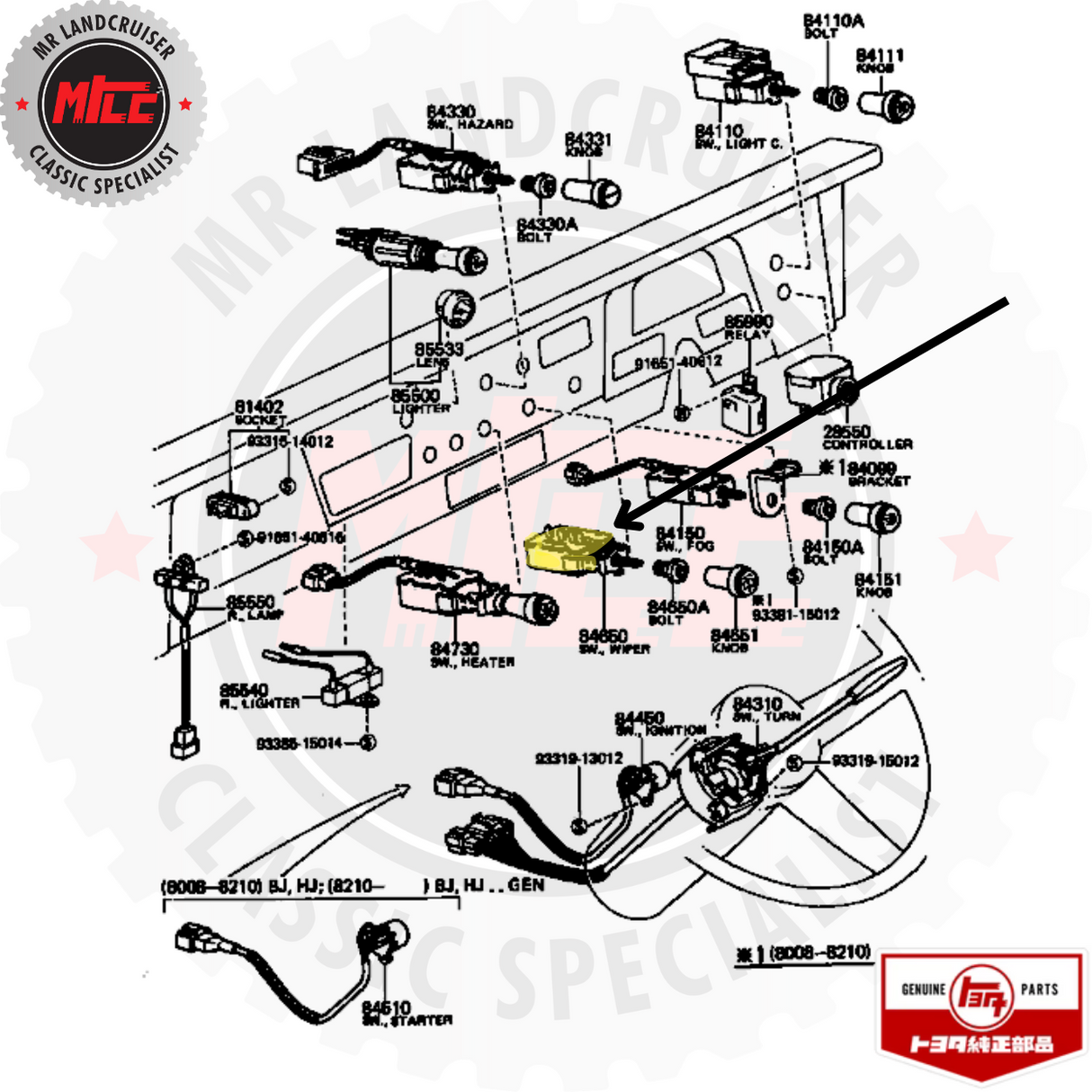 blow up view of Genuine 2 Pull Wiper Switch suits 40 Series Toyota Landcruiser 08/1980 - 03/1986