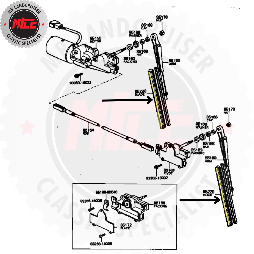 installation digram of Early 40 Series Landcruiser Wiper Blade Assy