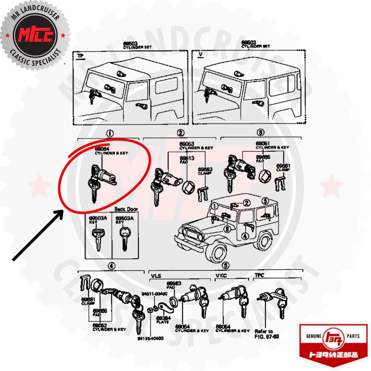 exploded view of Genuine Toyota Barrel & Key Set Ignition Switch Steering Lock suits 40 Series Landcruiser