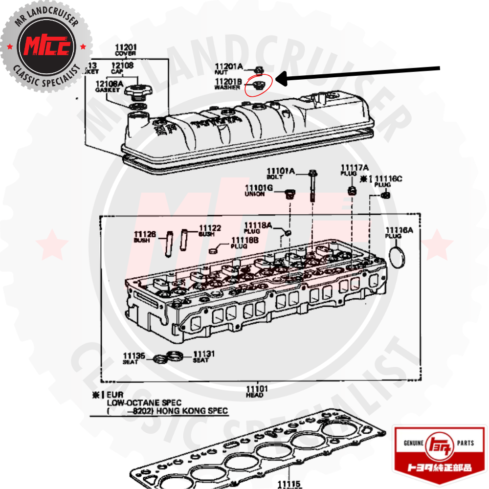 blow up view of Genuine Toyota Washer & Seal Rocker Bolt suits 40 60 & 70 Series Landcruiser
