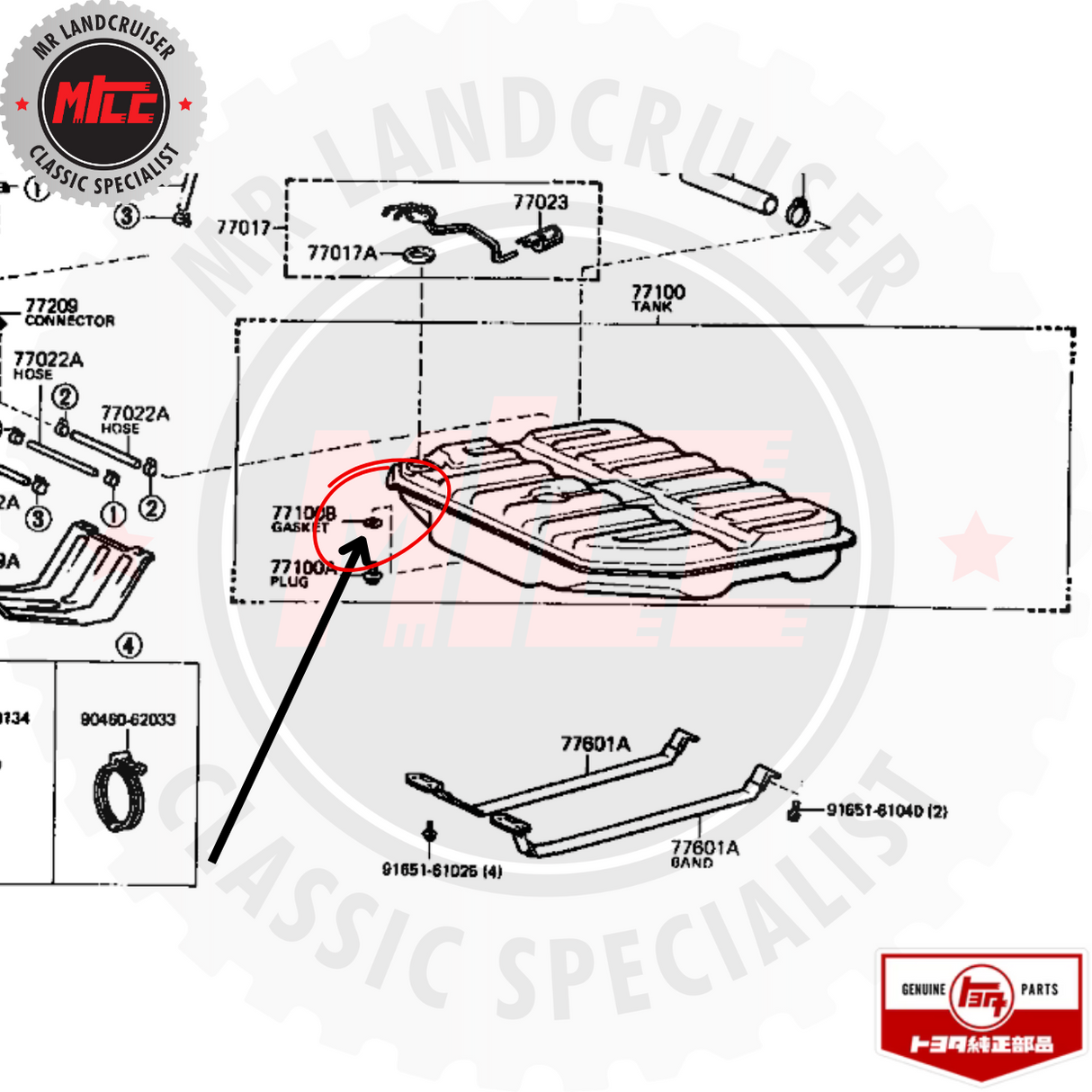 exploded view of Genuine Toyota Fuel Tank Gasket suits 40 60 & 70 Series Landcruiser 03/1969 - 01/1990