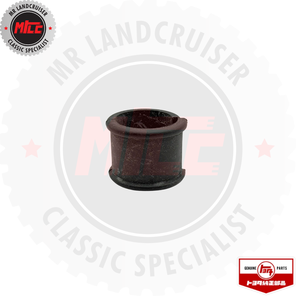 Black rubber bushing with branding on a white background