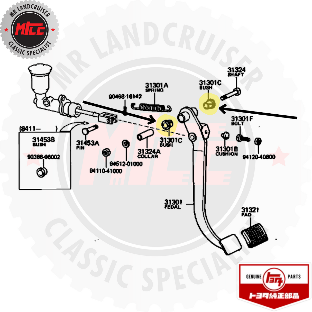 diagram of Genuine Toyota Bush Brake Pedal Shaft suits 60 & 70 Series Landcruiser