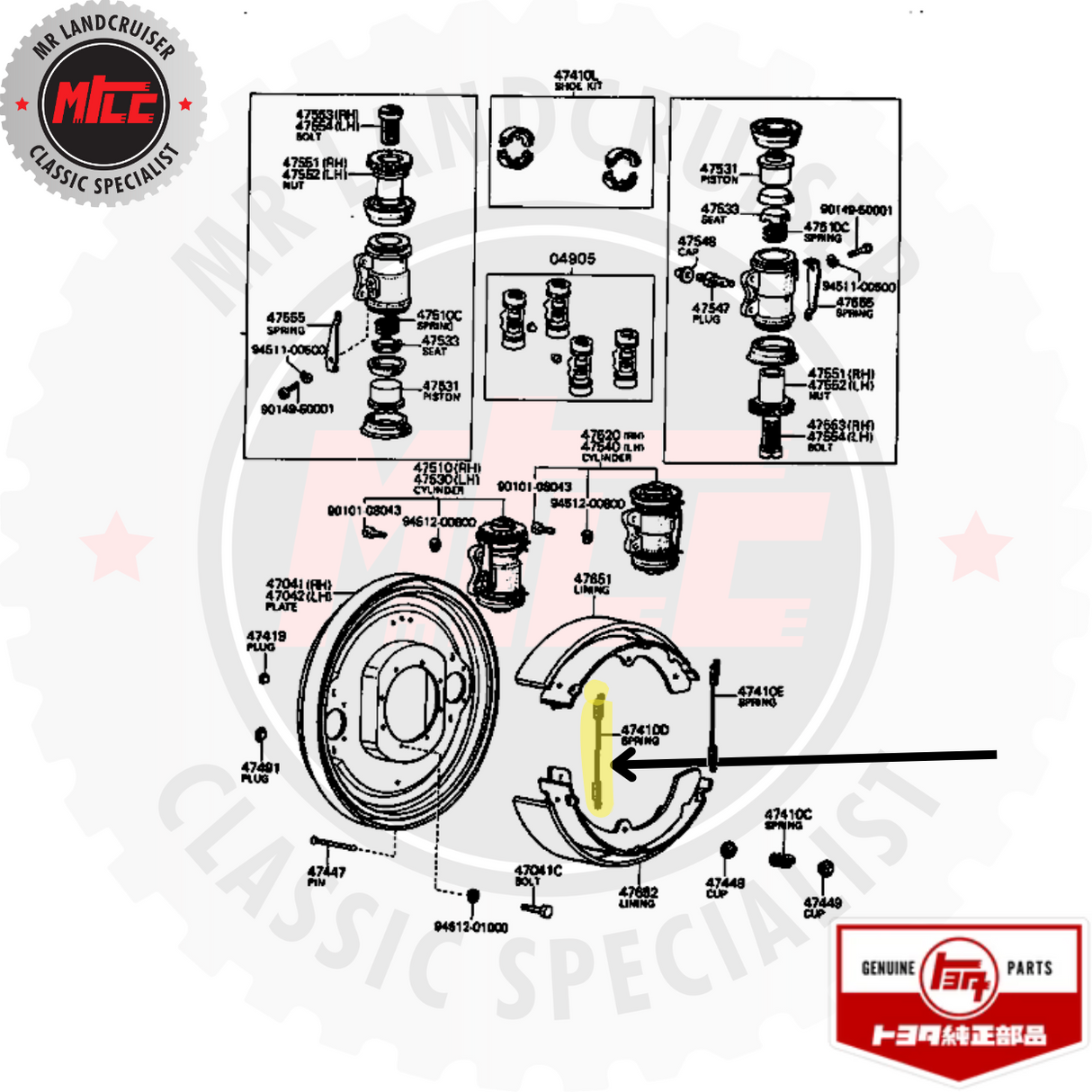 diagram of Genuine Spring Brake Shoe Return Front or Rear Front Drum Brake