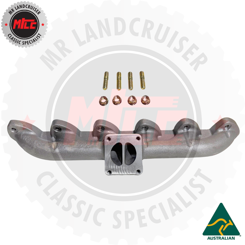 Metal exhaust manifold with bolts on a white background with branding.