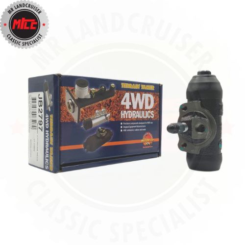 Toyota Landcruiser 4WD Rear Wheel Cylinder suitable for 40, 60 and 70 series landcruisers. The image also shows the packaging box with the item.