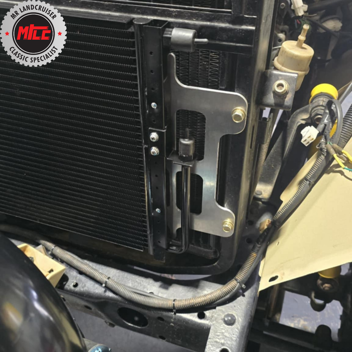 Landcruiser 40 series Universal O-Ring PF Condenser installed with bracket