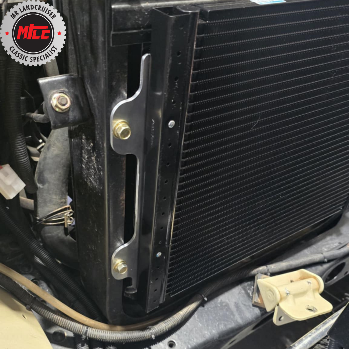 Landcruiser 40 series Universal O-Ring PF Condenser installed with left brackets