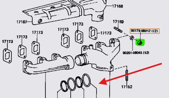 Technical diagram of mechanical parts with component labels and a red arrow.