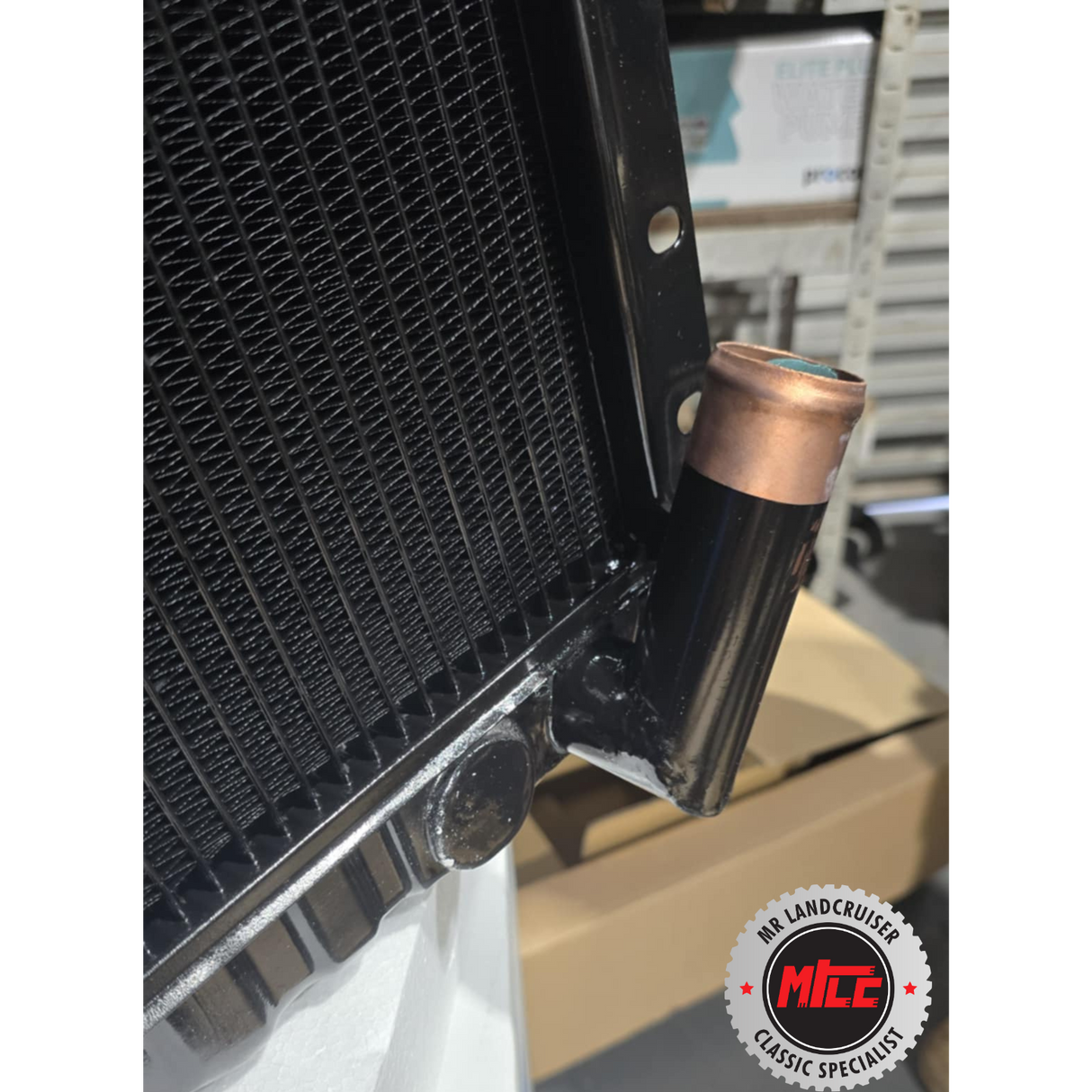 close up of Radiator HJ47 Ute and Troopy (1980-1984) modified to suit 60 Series Power Steering