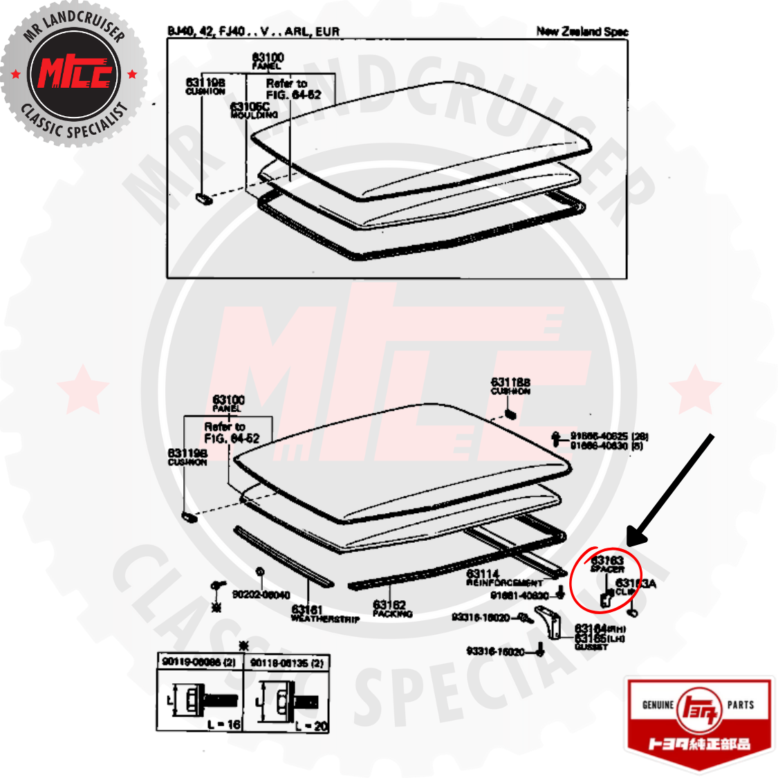 blow up view of Genuine Toyota Left Hand Side Roof Drip Spacer suits 40 Series Toyota Landcruiser 1972 - 1984