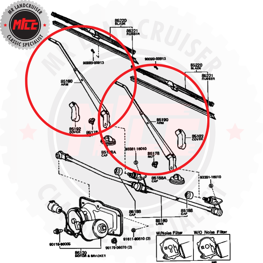 Right Wiper Arm for Toyota Landcruiser 60 Series exploded diagram