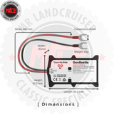 Technical diagram of a 'Track My Ride GeoBeetle' device with dimensions and specifications.