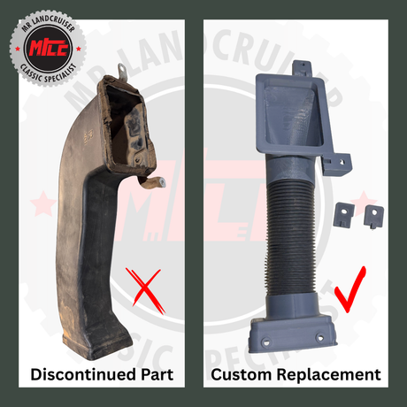 Comparison of a discontinued part and a custom replacement with MICE Landcruiser logo.