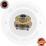Wheel hub assembly with branding on a white background