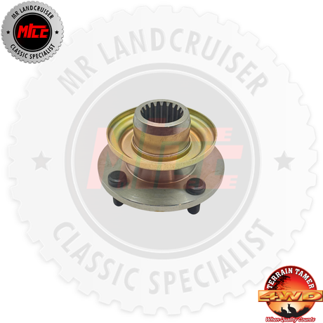 Wheel hub assembly with branding on a white background