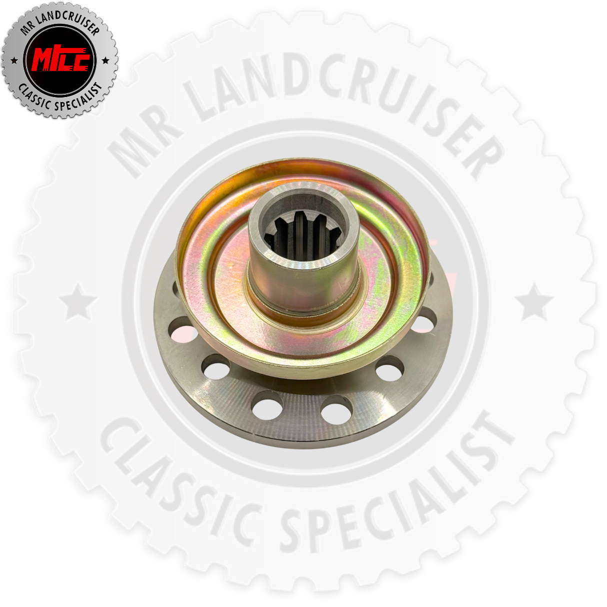 A metal Land Cruiser differential carrier housing or spline component, shown against a white background with a large faint MR LANDCRUISER logo and a smaller circular MITE specialist badge in the top-left corner.