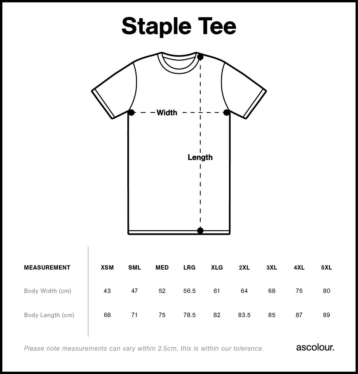 CLECS T Shirt Measurement chart for a t-shirt with dimensions and size guide.