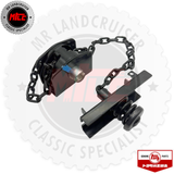 A black metal trailer hitch assembly with a chain link and spring, shown on a white background with MR Land Cruiser Classic Specialist branding and a genuine parts badge.