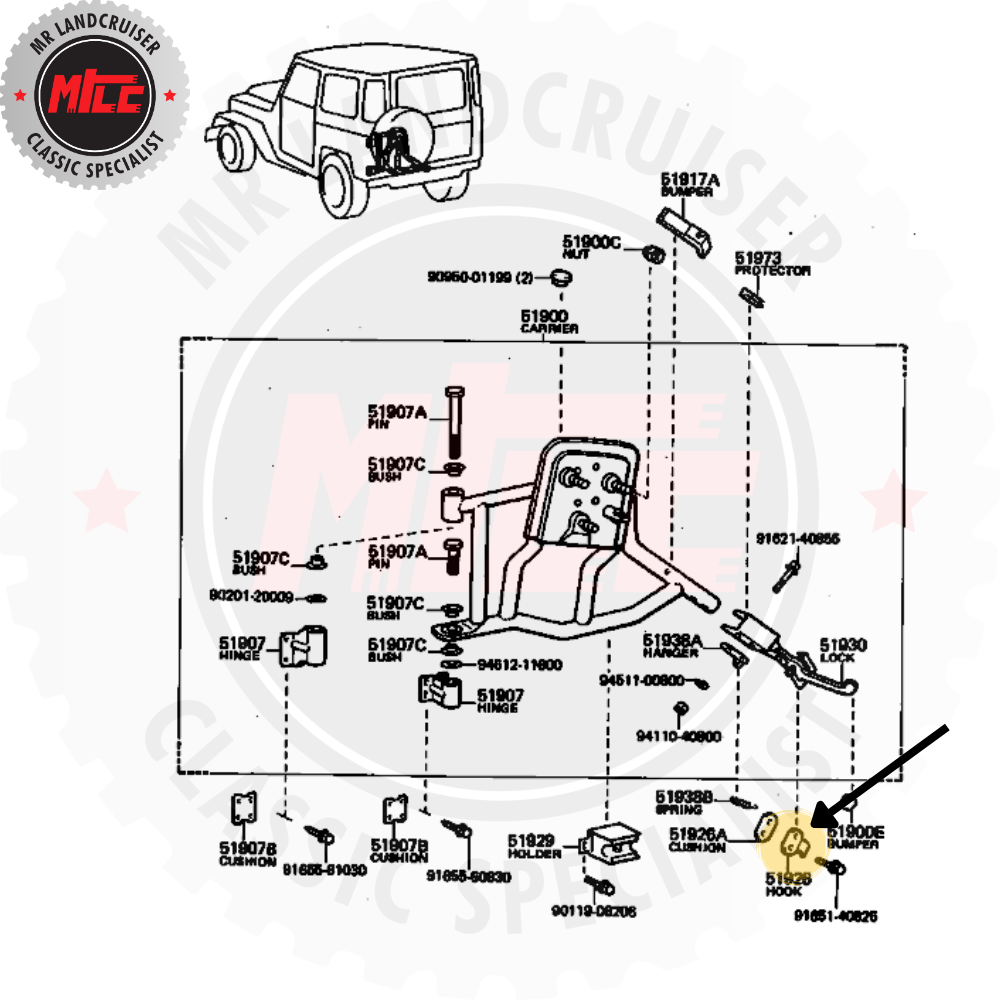 Spare Wheel Carrier Support Latch installation diagram