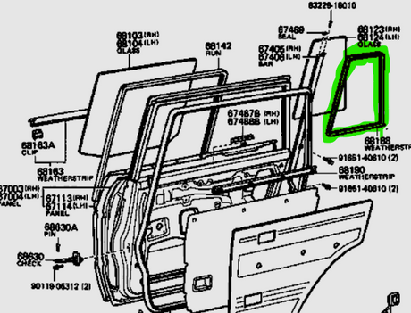 Diagram 60 series rear door fixed quarter glass seal 