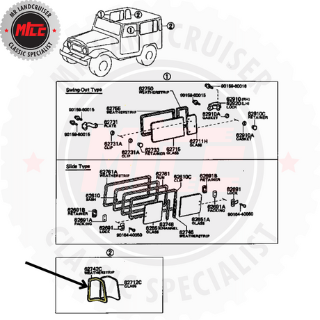 exploded diagram of Rear Curved Glass Seal for Short-Wheel Base