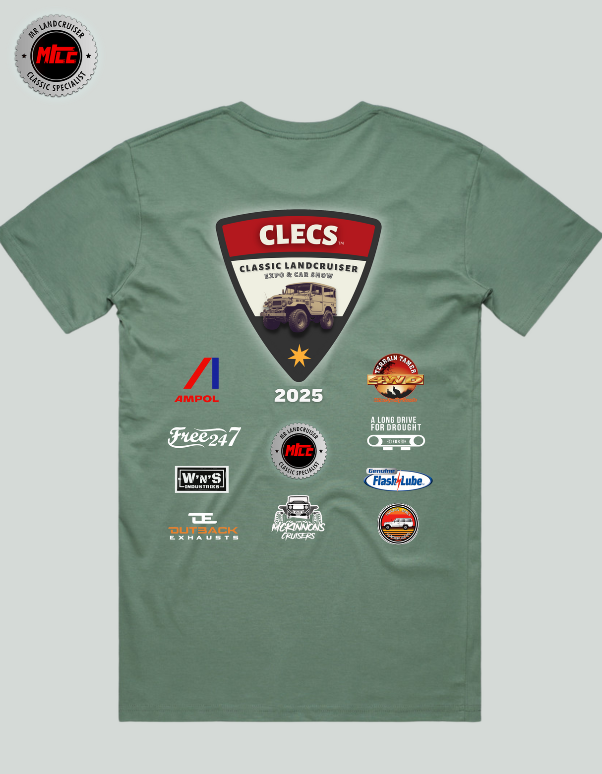 CLECS 2025 Green t-shirt back side with brand logos on a gray background
