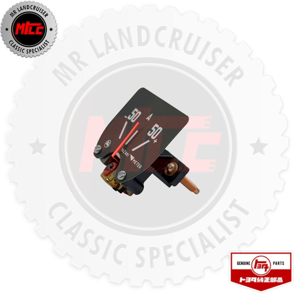 A small black analog fuel meter switch with white markings and a red pointer needle, shown against a light gray branded background with MR Land Cruiser text and MITE logo badges.