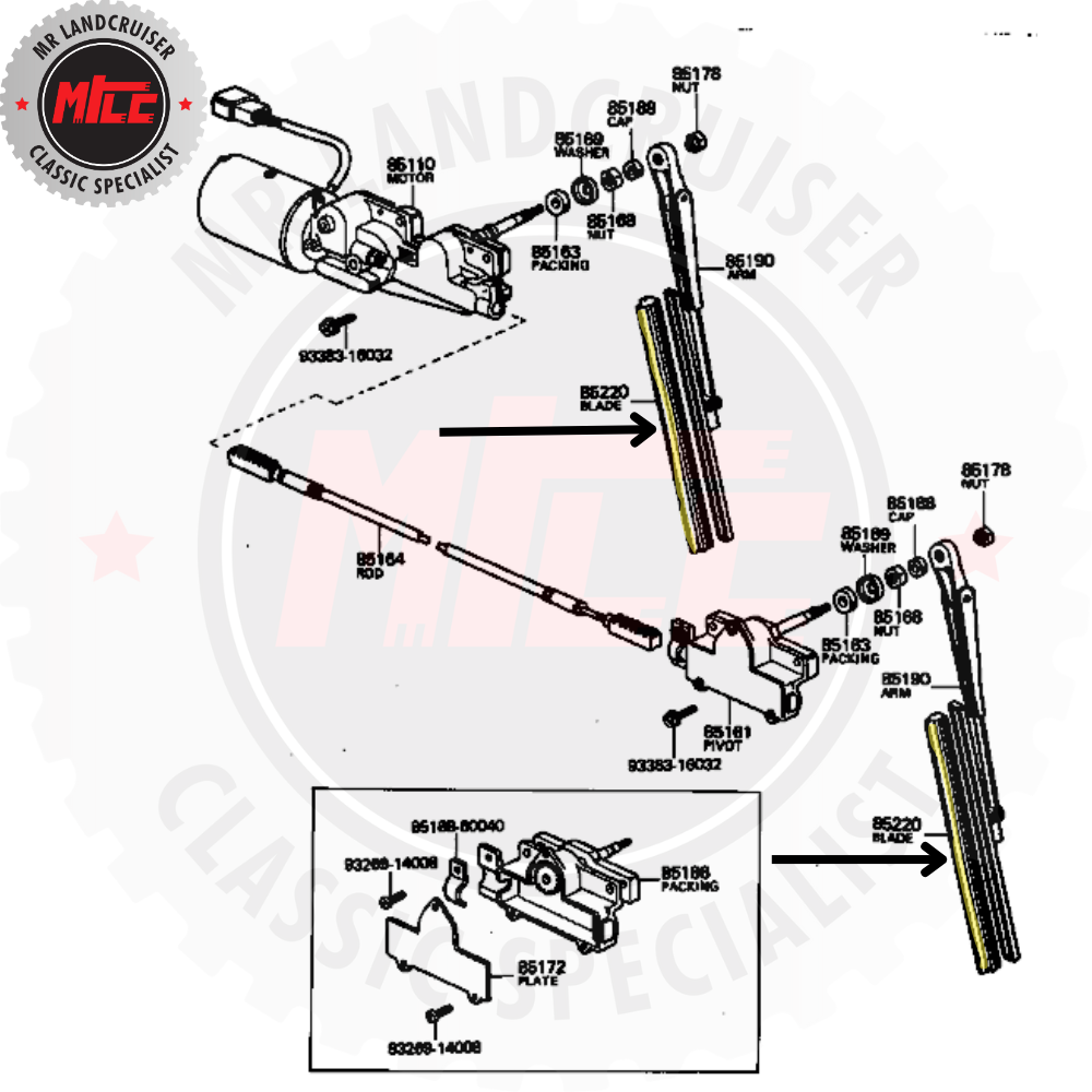 installation digram of  Early 40 Series Landcruiser Wiper Blade Assy 