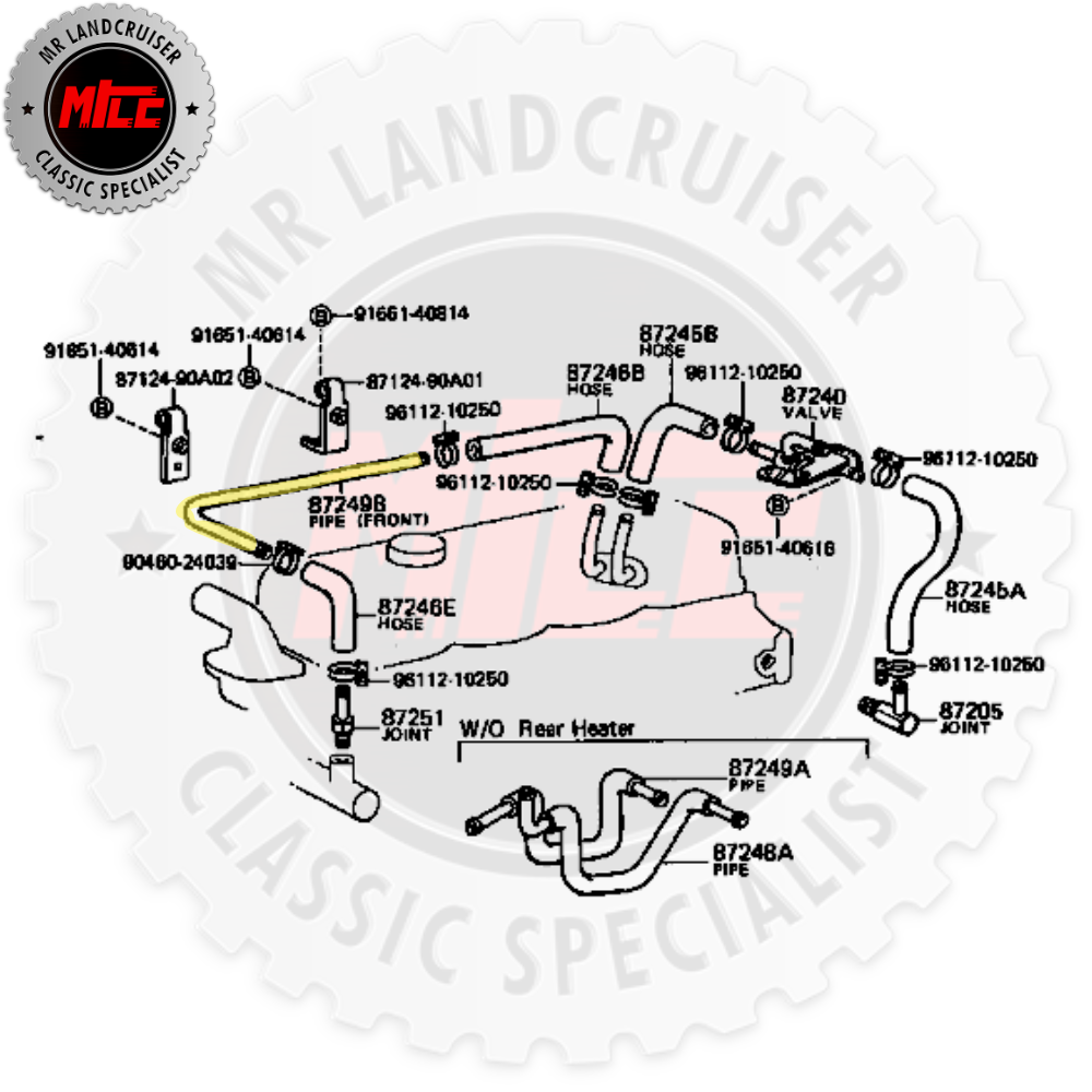 Technical diagram of Genuine Heater Hose Hardline suits B 3B 40 series Toyota Landcruiser 1974 - 1984