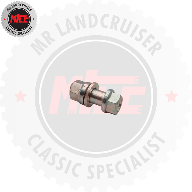 Metal bolt or washer with a branded logo in the corner on a light gray background