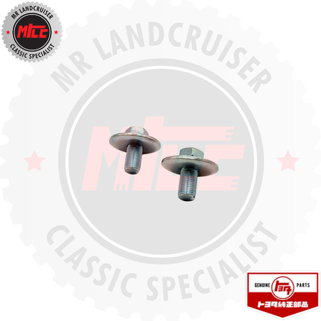 Two metal bolts with a branded logo in the background