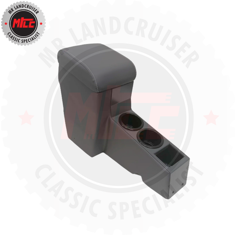 Gray car armrest with cup holders on a white background with LandCruiser and MLE branding.