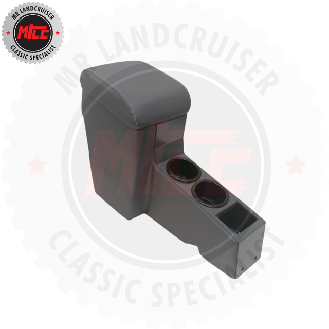 Gray car armrest with cup holders on a white background with LandCruiser and MLE branding.